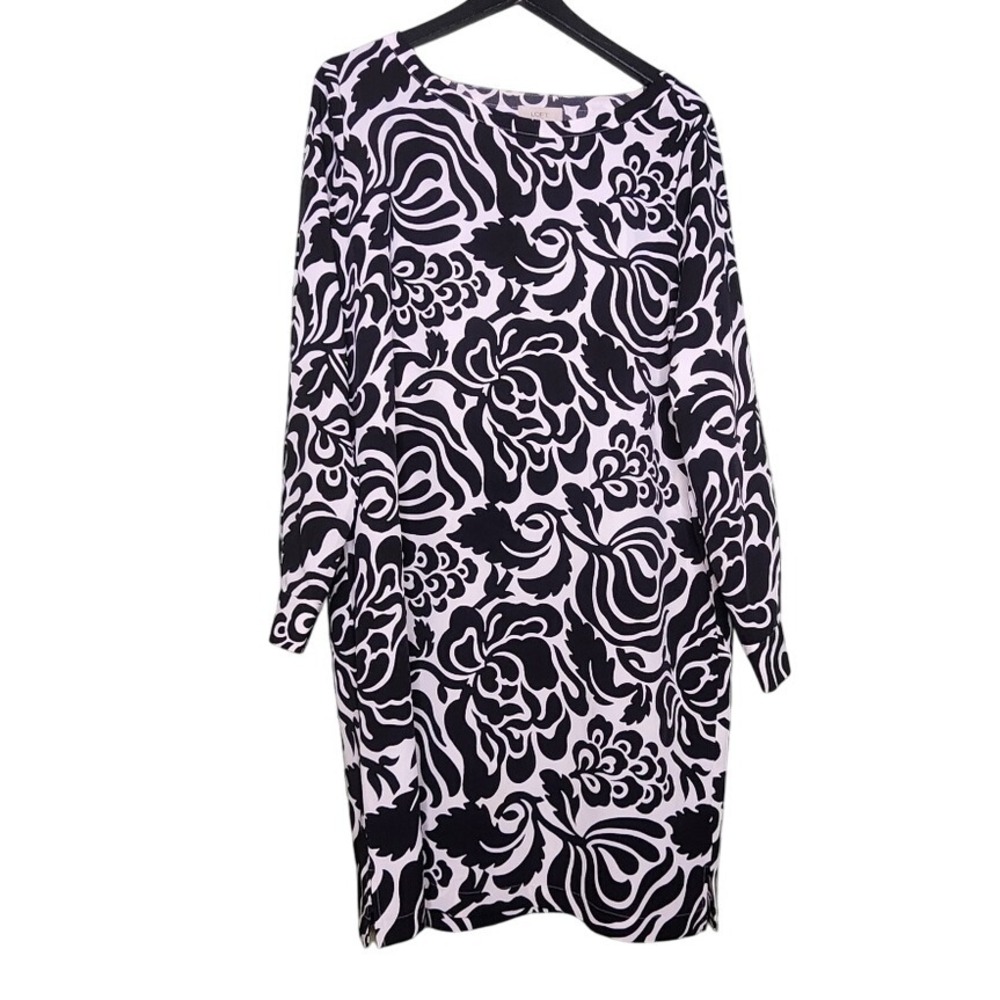 Loft Outlet Black White Floral Swirl Print Dress Long Sleeve Shift L